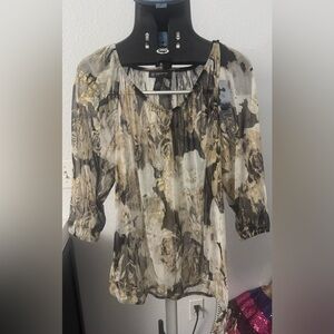 INC International Concepts Women's Abstract Blouse - Black, Gold, Cream